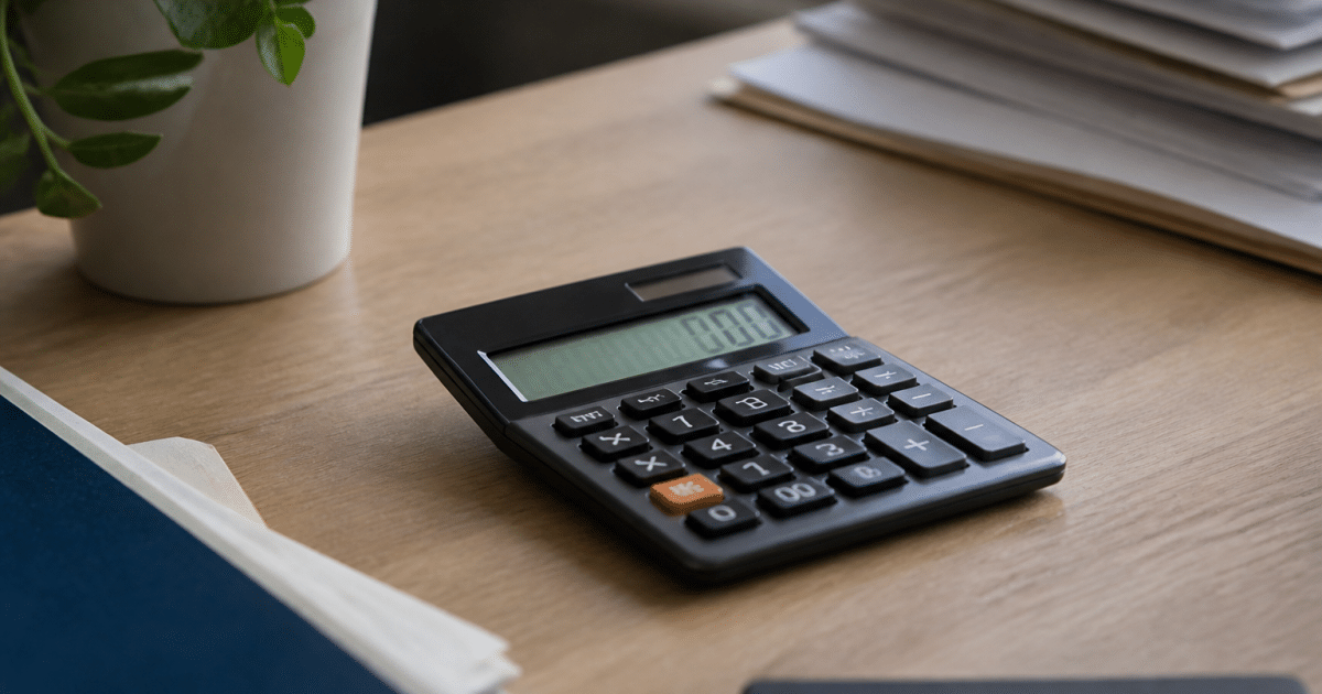 Calculatrice affichant chiffres sur bureau professionnel.